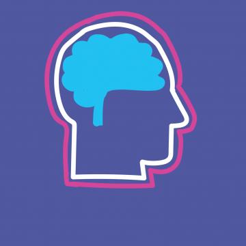 Draw outline of a brain with a blue brain against a dark purple background