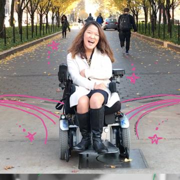 Sarah Kim, 22 years old, smiling in front of Columbia University campus