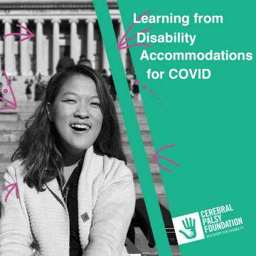 "Learning from Disability Accommodations for COVID-19" written in text next to an image of writer, Sarah Kim