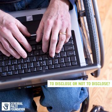"To disclose or not to disclose" shown in text over an image of hands typing on a laptop keyboard