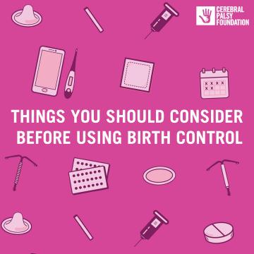 " Things You Should Consider Before Going on Birth Control" shown in large text in the middle of the image surrounded by images of different types of contraception such as a condom, birth control pills, and an IUD