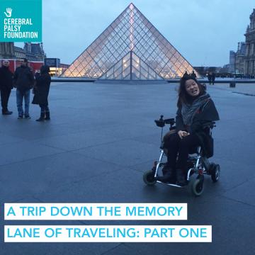 "A Trip Down the Memory Lane of Traveling: Part One" written in text below image of writer, Sarah Kim, in front of the Louvre Pyramid in Paris, France