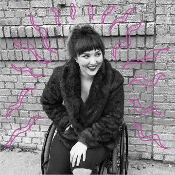 A young woman sits in front of a brick wall in a wheel chair smiling off to the right. Drawn pink squiggles surround her.