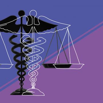 Medical symbol of the short staff entwined by two serpents surmounted by wings overlaying the legal scale of justice symbol over a purple background