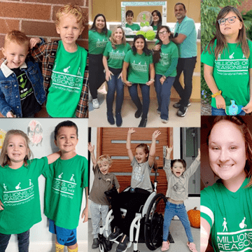 Collage of individuals wearing green shirts representing people with Cerebral Palsy and those who care about them.